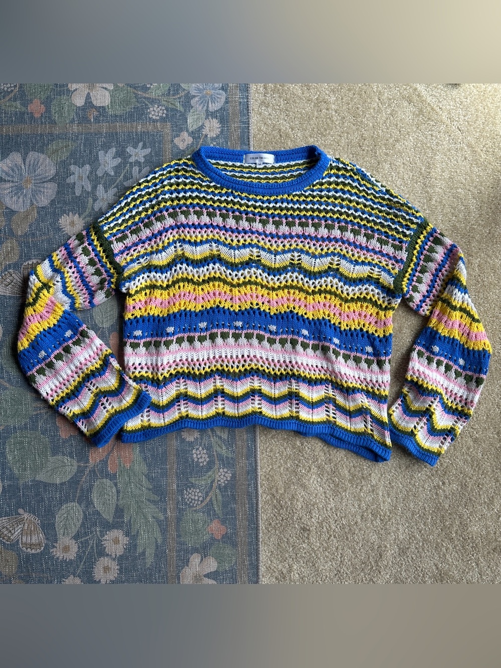 Open-Knit Multicolor Striped Crewneck Sweater - Blue, Yellow & Pink